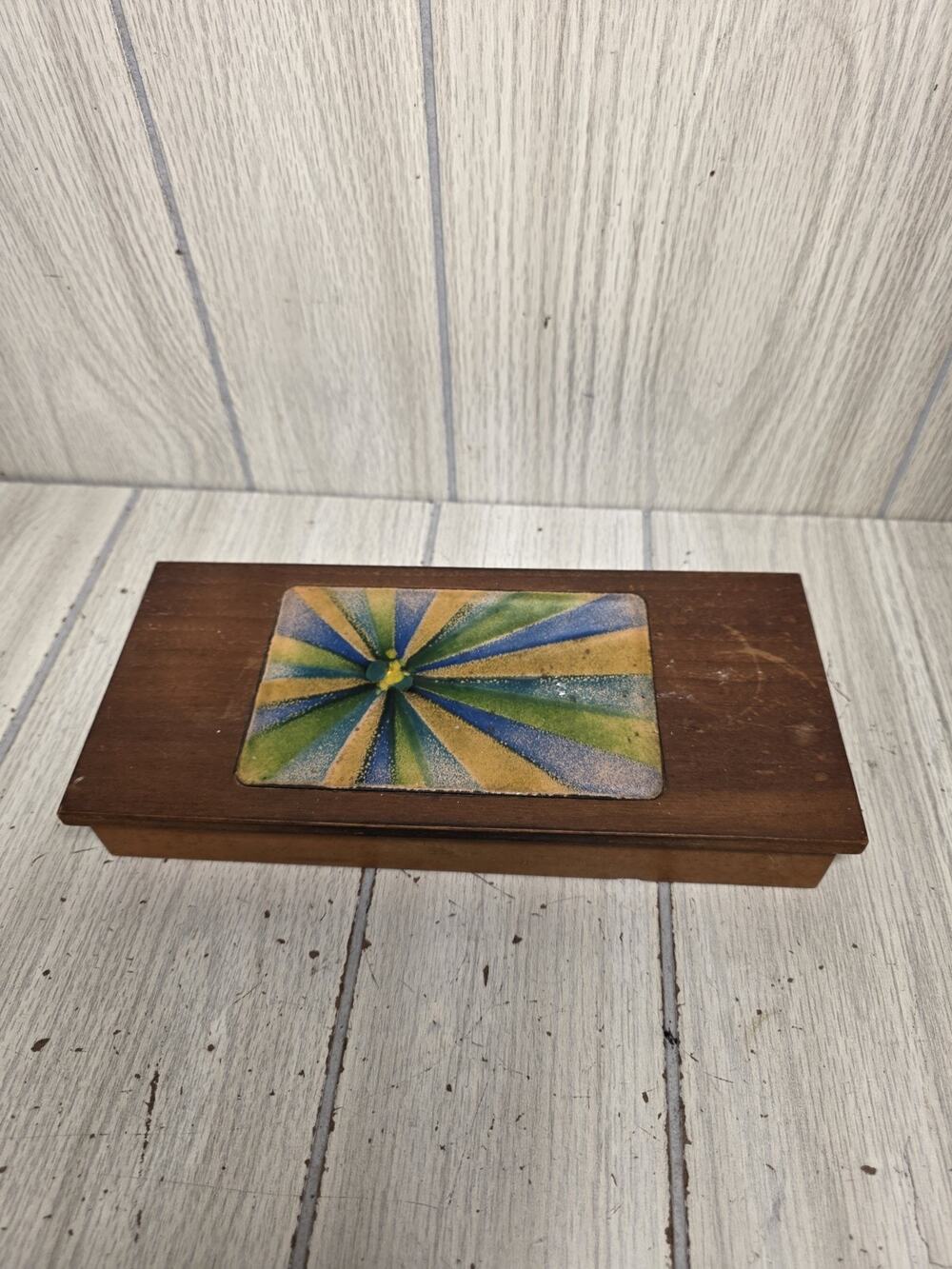 Vintage Bovano Enamel Wood Jewelry Box Mid Century Modern Trinket Case Box 10"